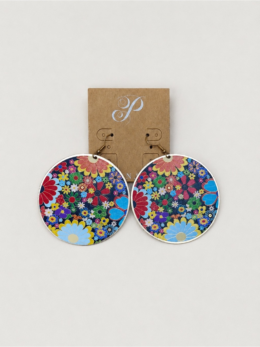 Plunder Floral Printed Metal Round Drop Earrings NWT